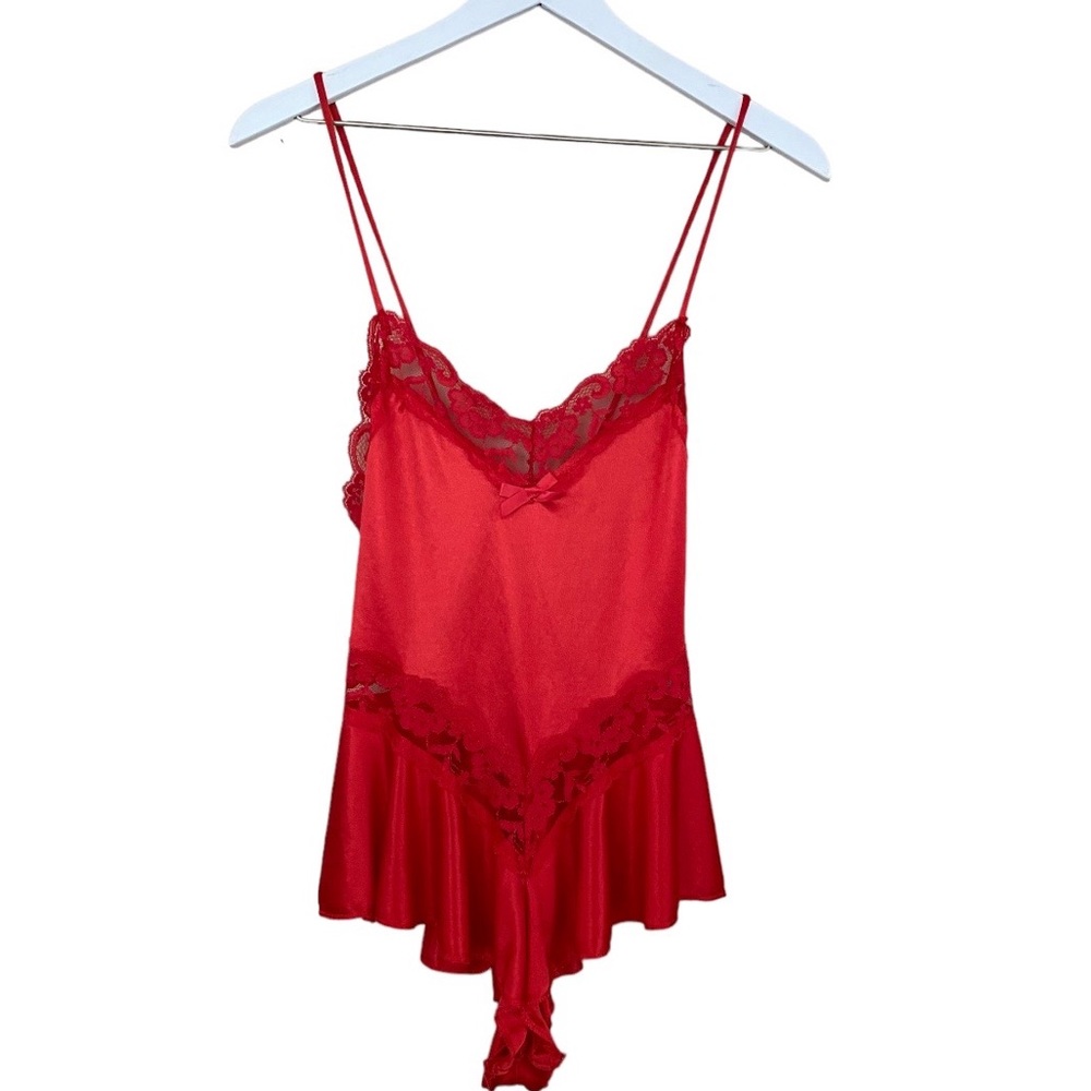Vintage Petra Fashions Red Satin Lace‎ Cross Back Teddie Cheeky Bodysuit Medium